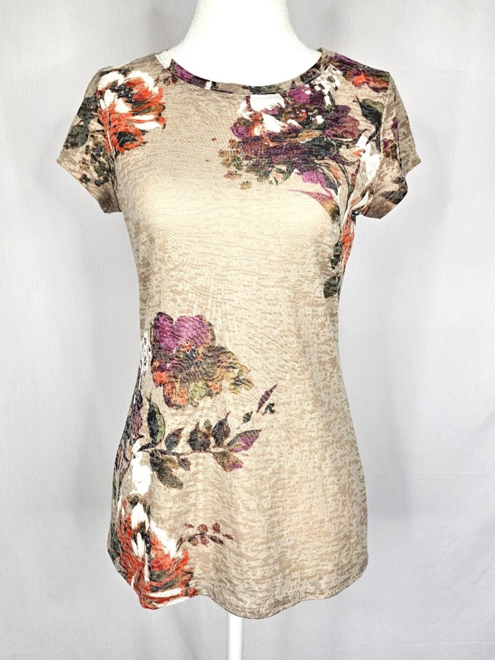 INC | Floral Burnout Rhinestone Top | Fall Layering Tee | Medium